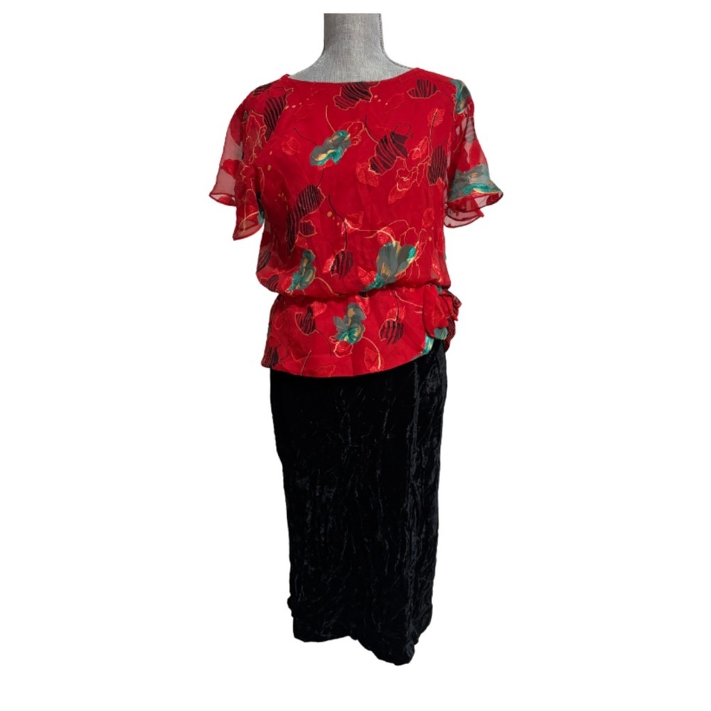 Romantic Red Sheer Floral Blouse & Velvet Skirt Set | Mob Wife Vintage Vibes